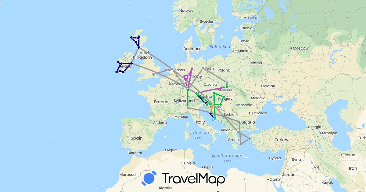 TravelMap itinerary: driving, bus, plane, train, boat, hitchhiking in Austria, Bulgaria, Germany, United Kingdom, Greece, Croatia, Hungary, Ireland, Italy, Netherlands, Poland, Slovenia (Europe)